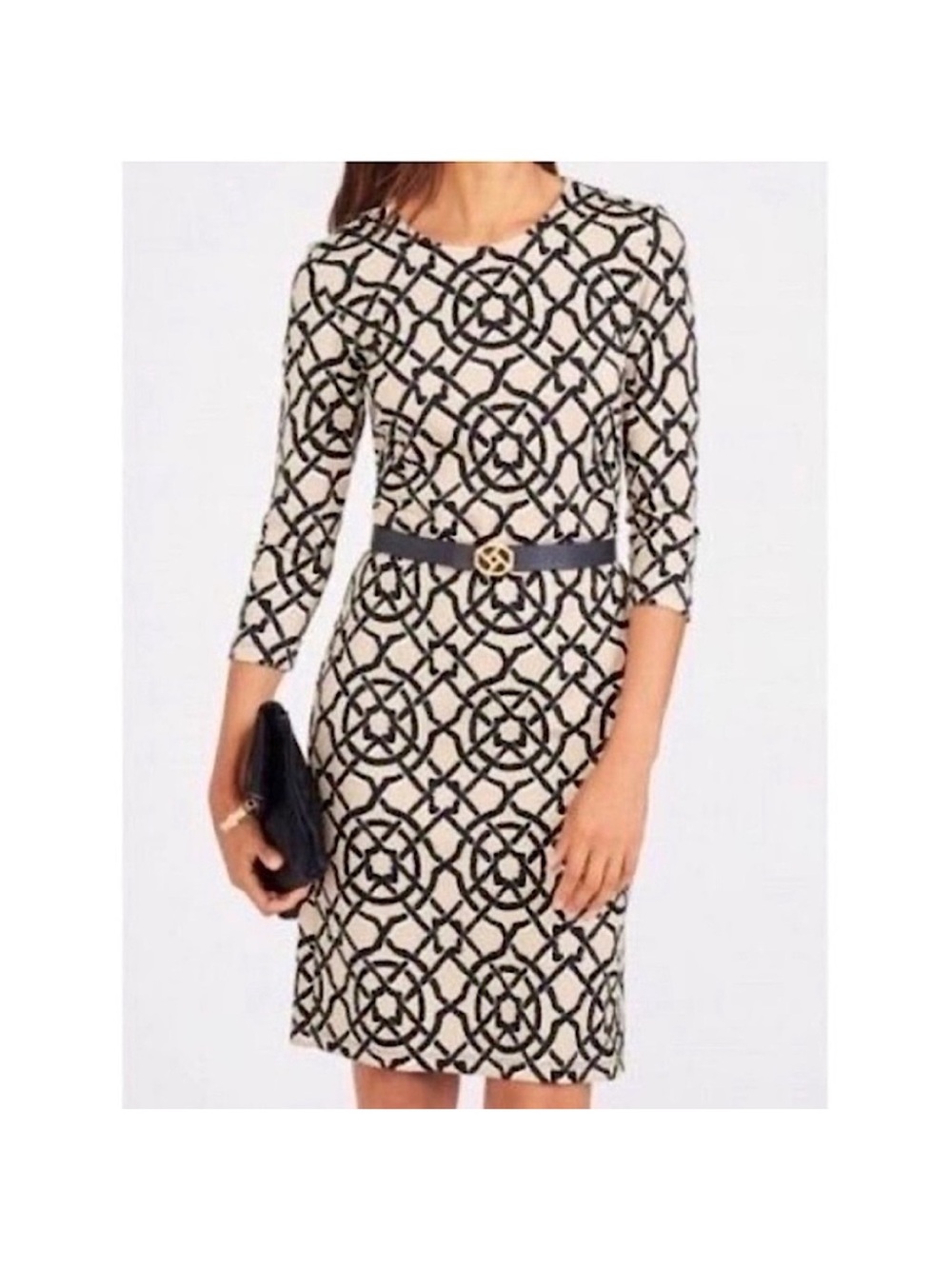 J. McLaughlin Devon 3/4 Sleeve Crew Neck Catalina Cloth Dress Black Tan Scribe M
